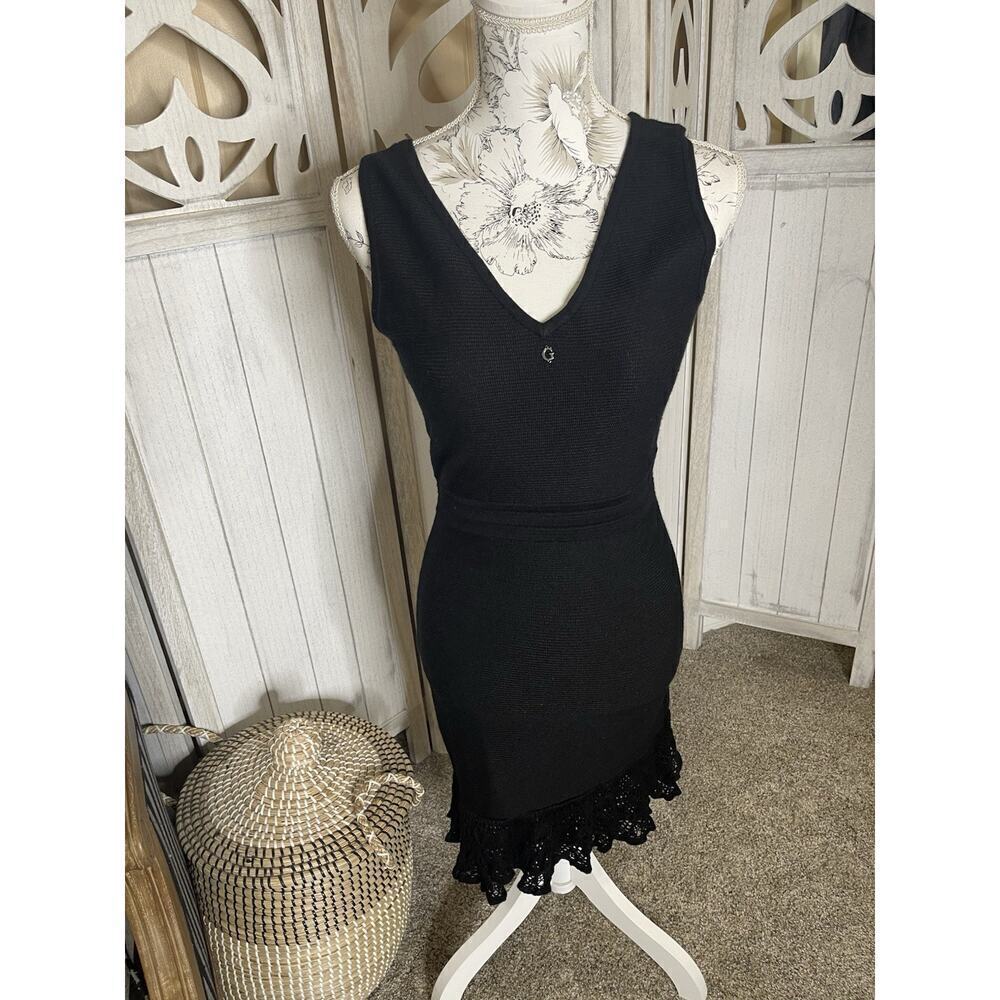 Guess Womens Black Crochet Knit V Neck Casual Dress Bodycon Size Small Y2K